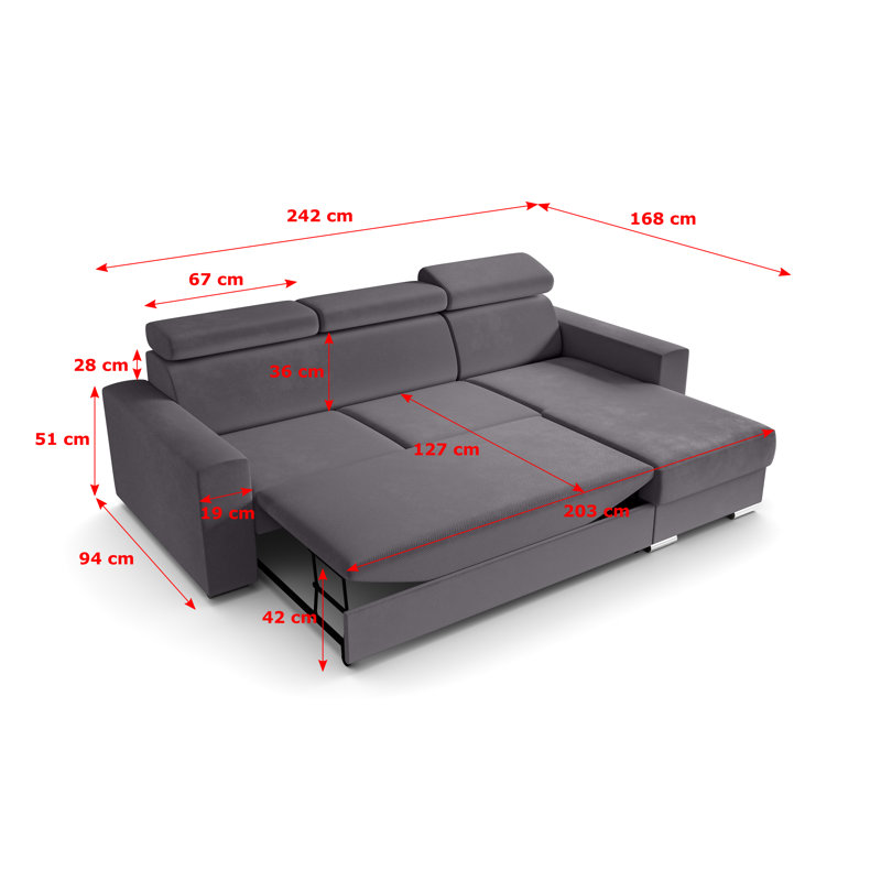 Philbert Corner Sofa Bed, Grey Polyester, Right Hand Facing