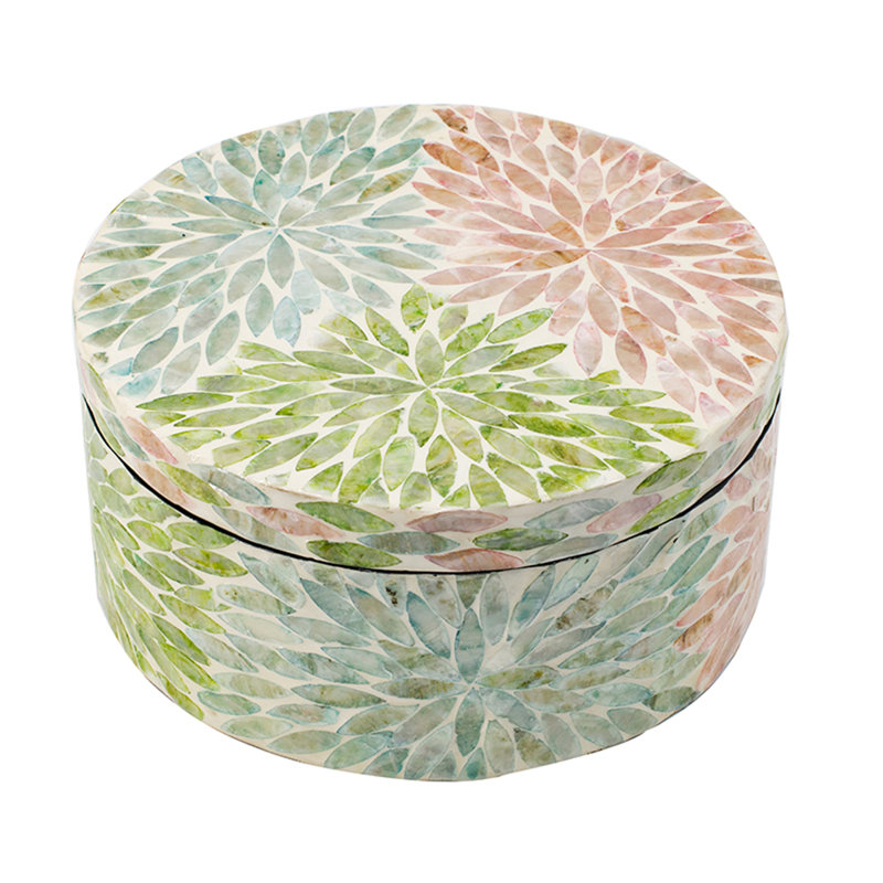 D10x5" Round Capiz Shell Storage Box With Floral Pattern - Pink/green/blue