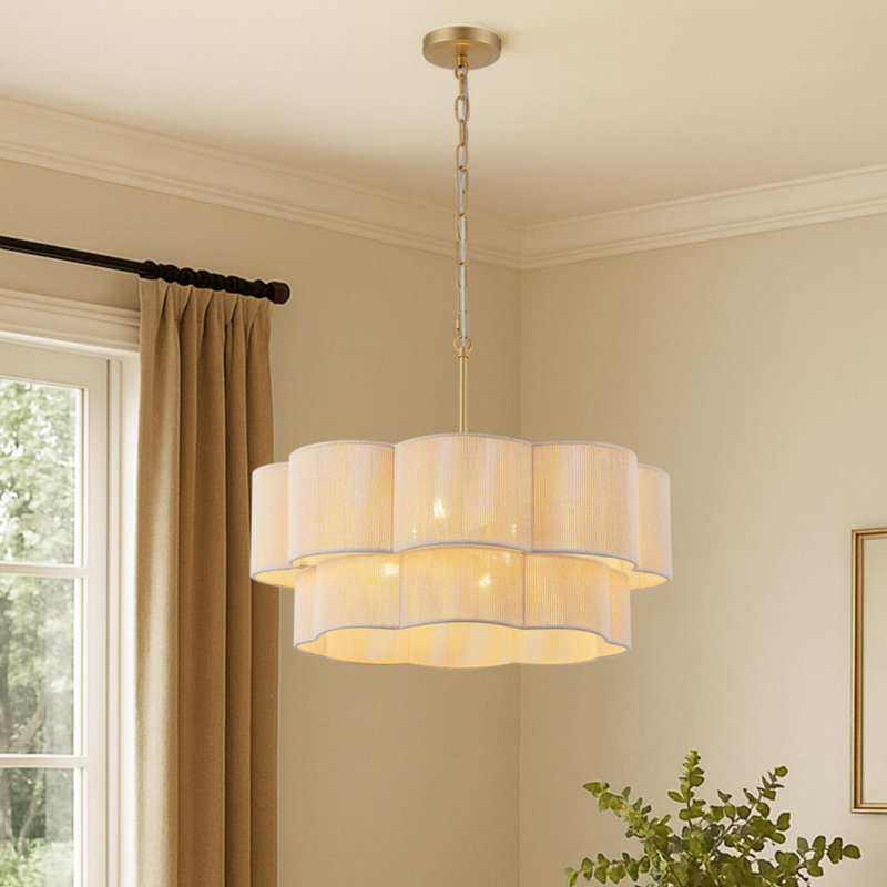 23.2" 6-Light Scalloped Rope Drum Chandelier, Gold, Beige