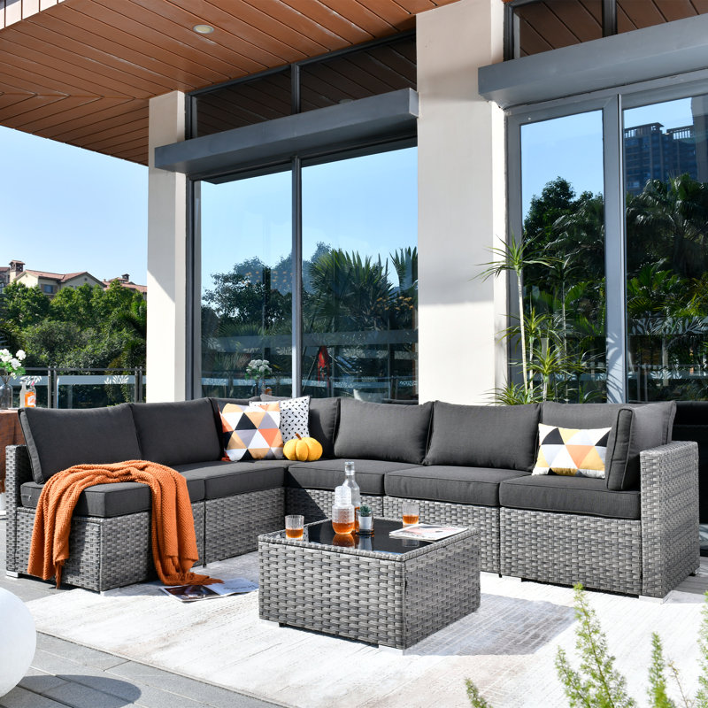 Lava 7 Piece Rattan Sectional Seating Group With Cushions, Black