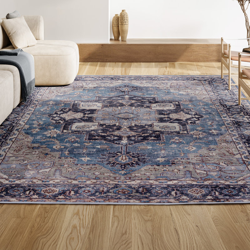 Tapis bleu / crème Sarok Ornate Medallion, Rectangle 7 pi 10 po x 10 pi