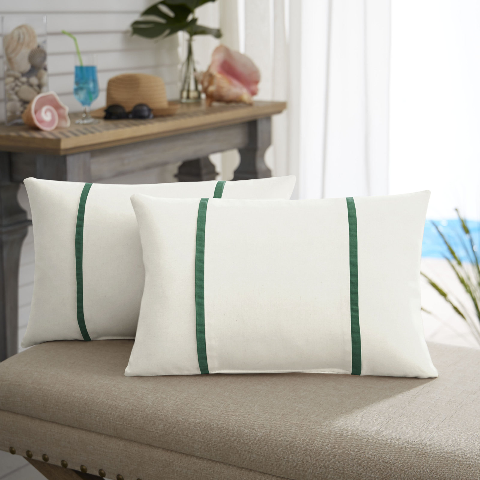 Furston Lumbar Throw Pillow, 12" x 24", White/Forest Green