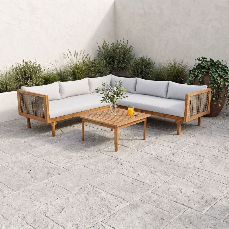 Méridiennes de patio en bois avec chaise d'angle, table et coussins, Gris pâle