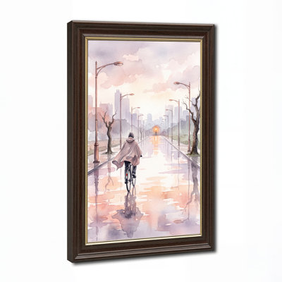«Watercolor Cyclist In Poncho On Wet City Street», art mural sur toile