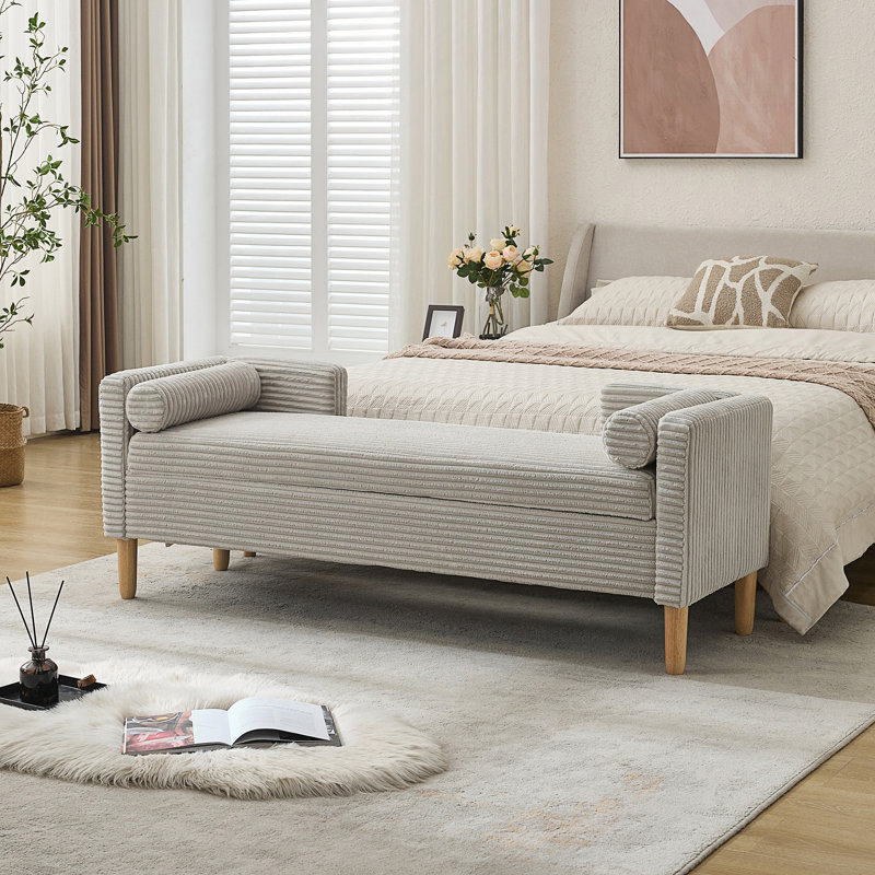 Banc de rangement rembourré avec couvercle rabattable, repose-pieds de fenêtre décoratif avec accoudoirs et dossier et 2 traversins