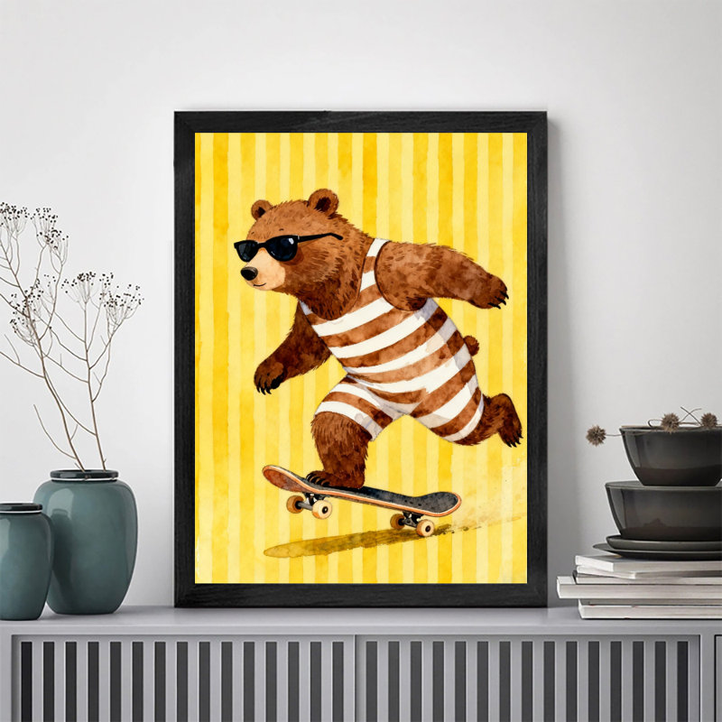 Reproduction d'art encadré noir rétro avec planche à roulettes rétro, H 25 po x l 17 po