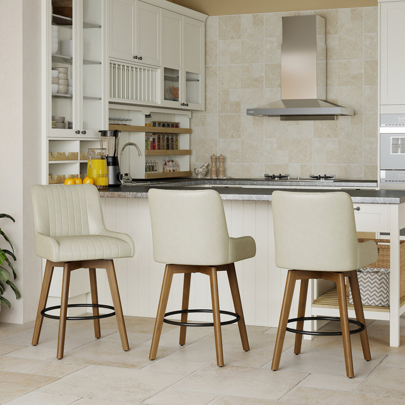 Tabouret de bar pivotant extra large à 360 ° avec siège à ressorts ensachés et base en bois massif, Beige