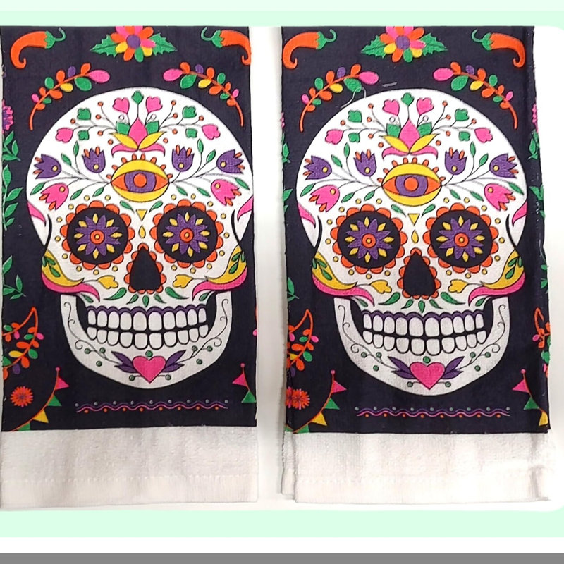 Day of The Dead Sugar Skull Decorative Kitchen & Hand Towel Set - Black (Set of 2)