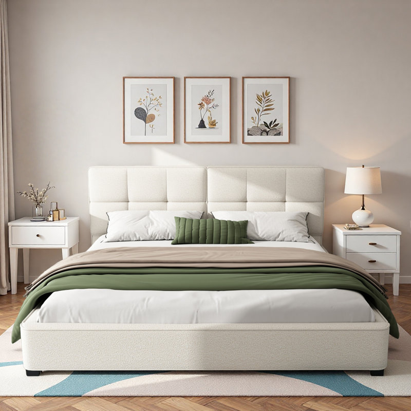 Lit plateforme tapissier Boucle avec tête de lit capitonnée courbée et pieds robustes