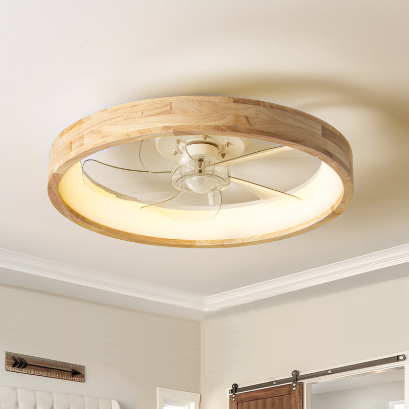 Alzeera 19.7" Modern Farmhouse Wood Flush Mount LED Ceiling Fan with Remote