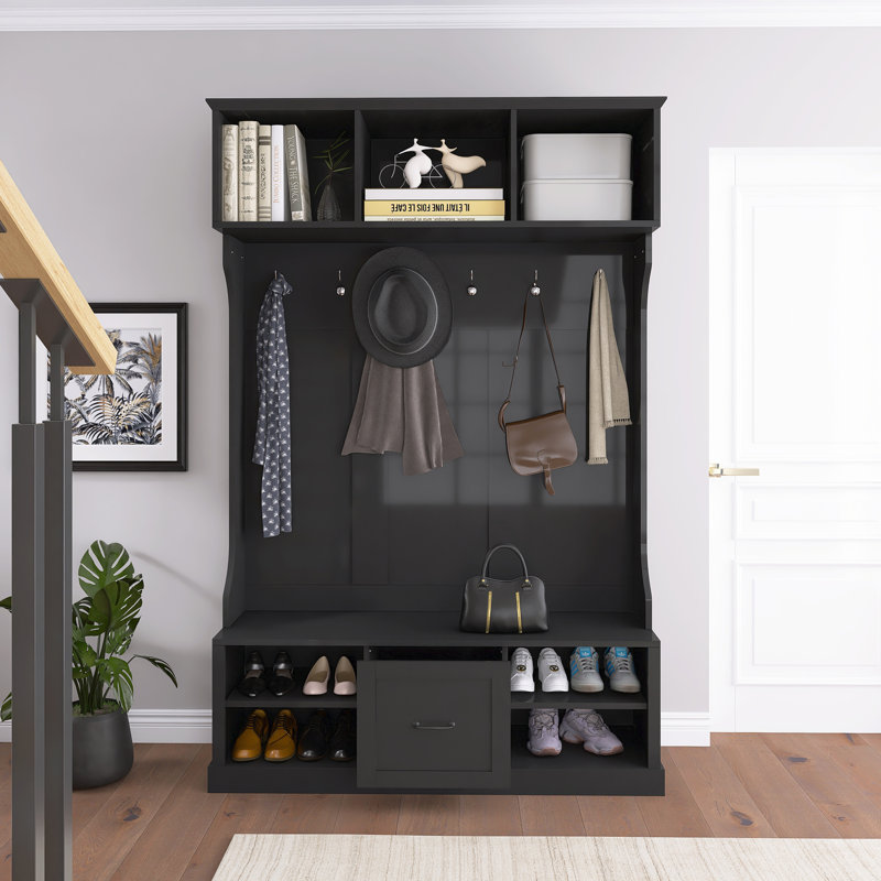 Hall Tree 57'' Wide With Bench And Shoe Storage, Black