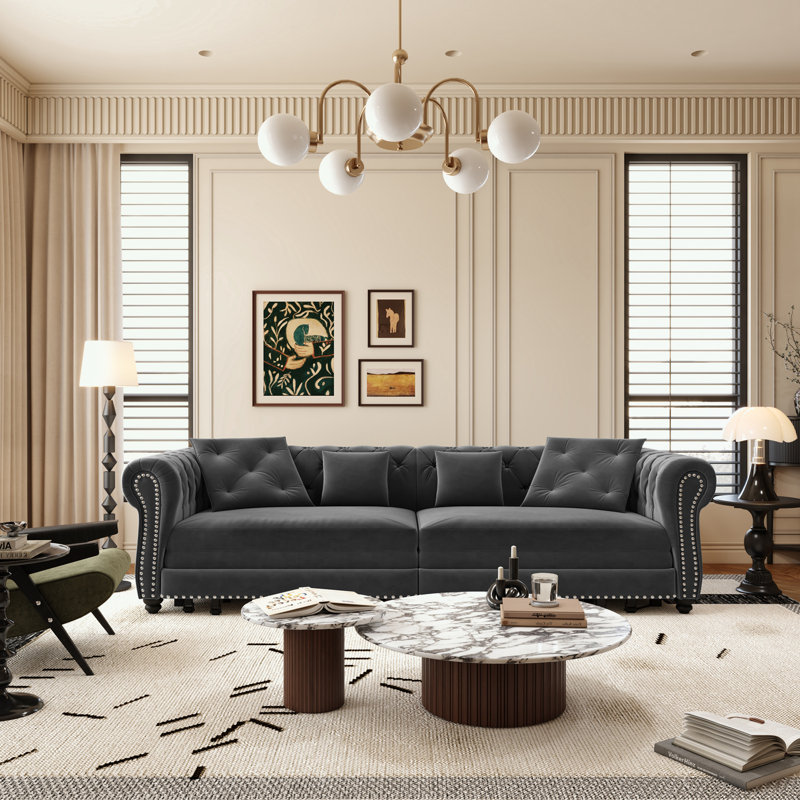 Canapé en velours avec repose-pieds mobile et design capitonné, Gris