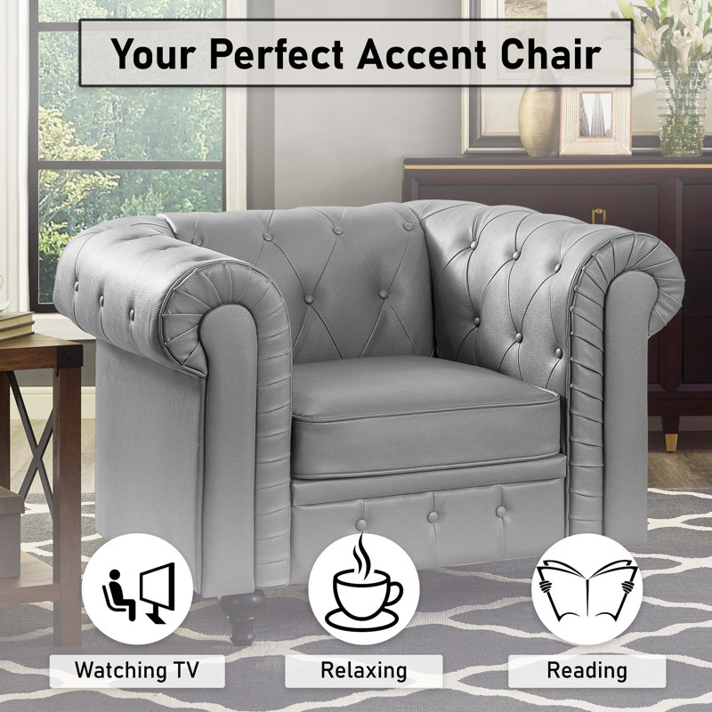 Fauteuil Chesterfield Sanner de style milieu du siècle – Fauteuil rembourré avec dossier capitonné et structure en bois