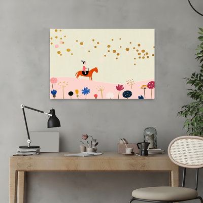 Little Girl'S Golden Ride Dreamy Serene Whimsical Horse Flower Nature Wall Art Print by Mathieu - Wrapped Canvas Print
