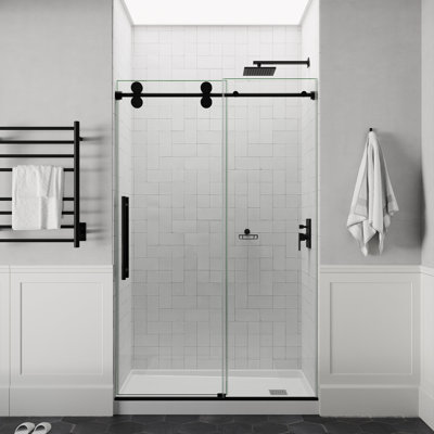 Anzzi Series 60 In. X 76 In. Frameless Shower Door With Sliding With Tsunami Guard Tempered Clear Glass