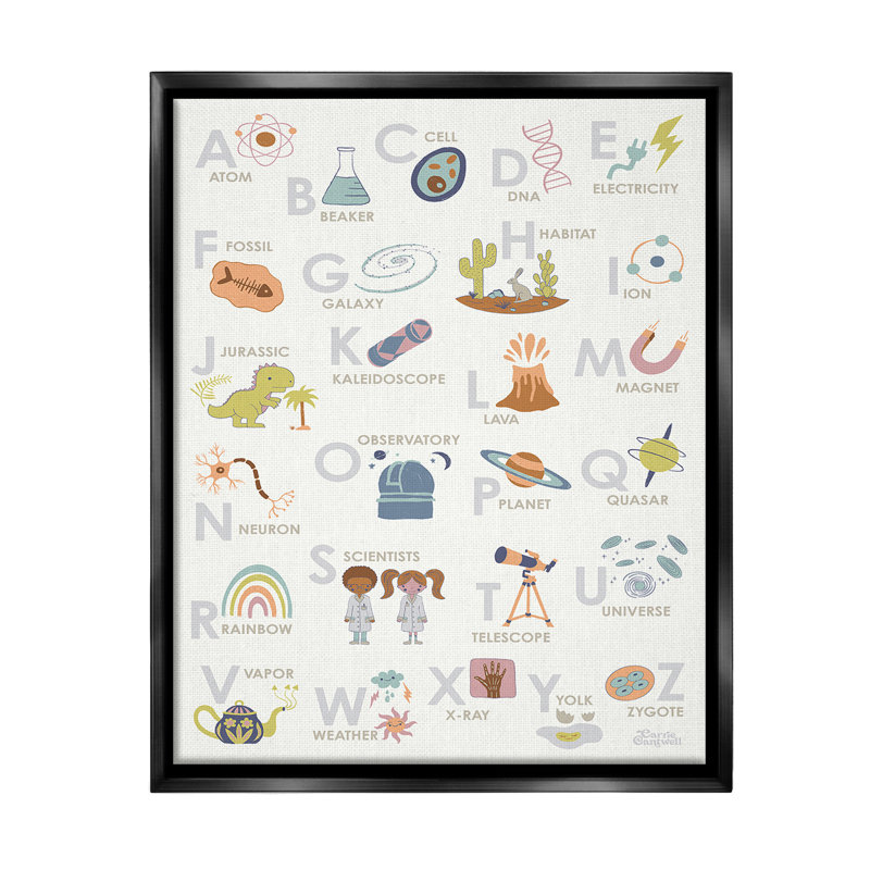 "Science Thème Alphabet" par Carrie Cantwell sur toile, Cadre flottant noir de jais, H 21 po x l 17 po