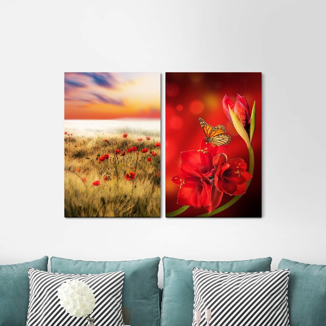 2-tlg. Leinwandbilder-Set - Grafikdruck „Summer Field Poppy Flowers Butterfly Red Flowers Sky Summer”