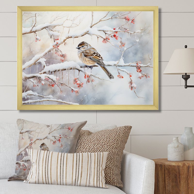 «Winter Snowy Bird Charm Landscape», art mural neige, H 16 po x l 32 po x P 1 po, Cadre doré simple
