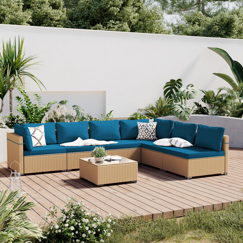 Corrinn 7 Piece Sectional Seating Group with Cushions, Deep Lake Blue