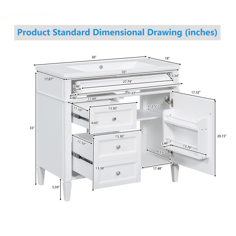 Meuble-lavabo moderne 36 "avec lavabo supérieur, Blanc