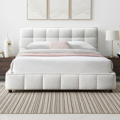 Lit plateforme tapissier Kirkham - Blanc crème - Grand