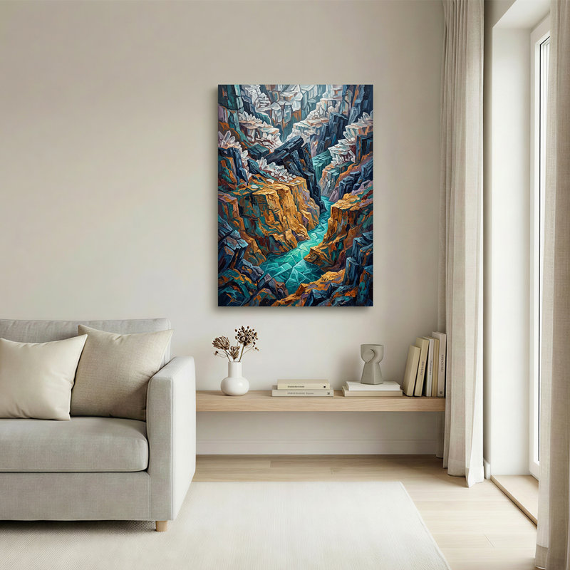 Art mural sur toile Jagged Rocky Canyon avec rivière sarcelle et falaises orange, 40"H x 28"W