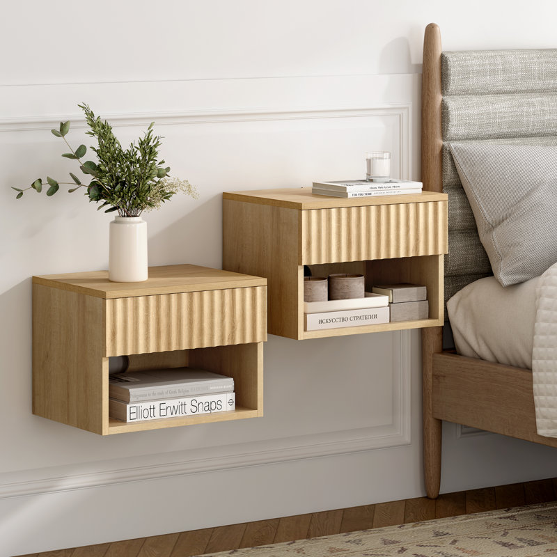 Drawer Wall-Mounted Nightstand With Open Cubby, Oak, Set of 2
