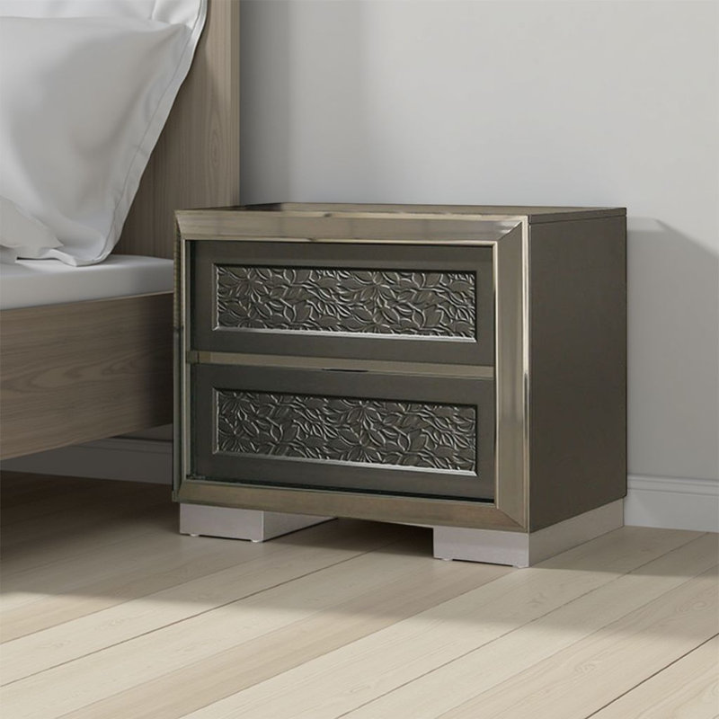 Levi Nightstand, 2 Leaf Moulded Framed Drawers, Dark Grey