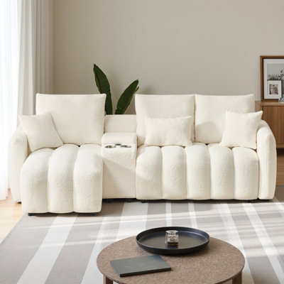 Canapé d'angle en tissu de fourrure de haute qualité de 92 pouces avec port USB, console centrale et table basse. Un très grand canapé rembourré, idéal pour les grands salons, les appartements et les bureaux.