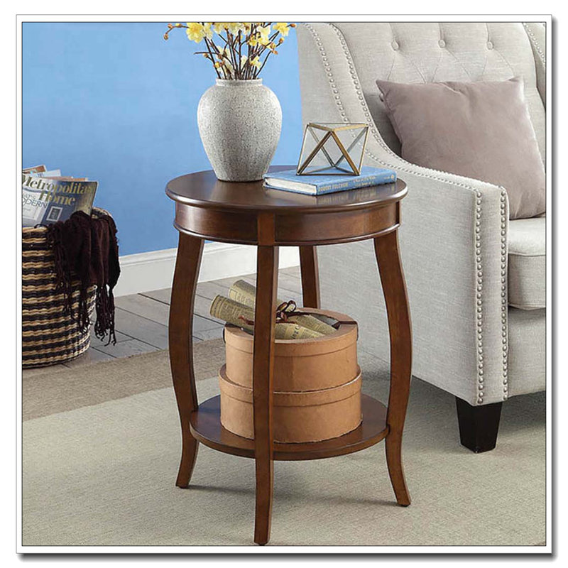 Walnut Round Side Table with Bottom Shelf, Walnut