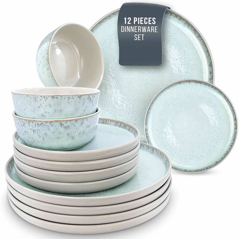 Beige and Light Blue Ceramic 12-Piece Dinnerware Set for 4