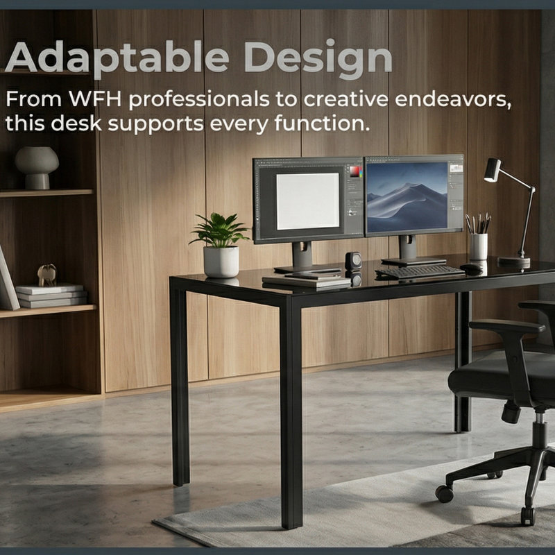 51.18" Modern Black Glass Writing Desk With Metal Frame Office Desk For Home Office