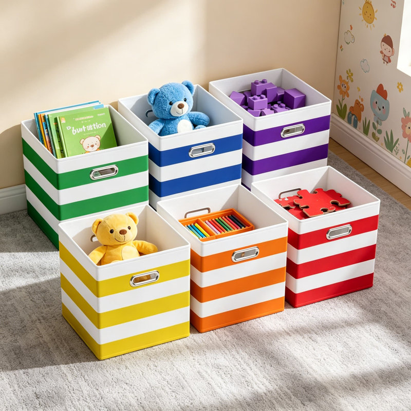 Ensemble de 6 cubes de rangement en tissu de 11 pouces avec poignées en métal, organisateur de bac pliable pour tablettes, placard, chambre de bébé, salle de classe, style rayé de couleur foncée