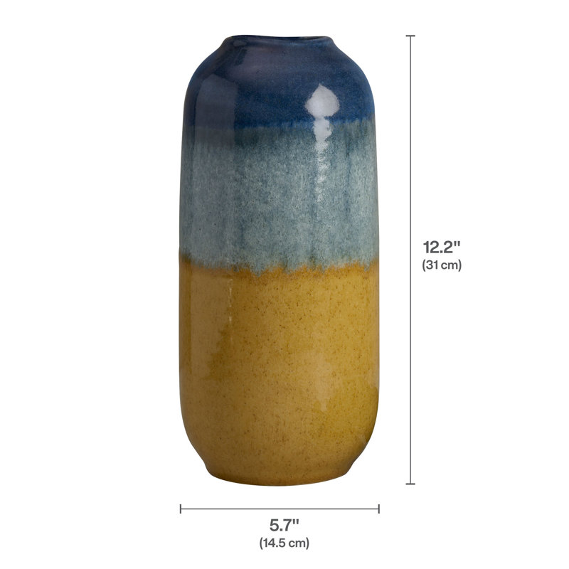 Blue and Tan Round Ceramic Table Vase