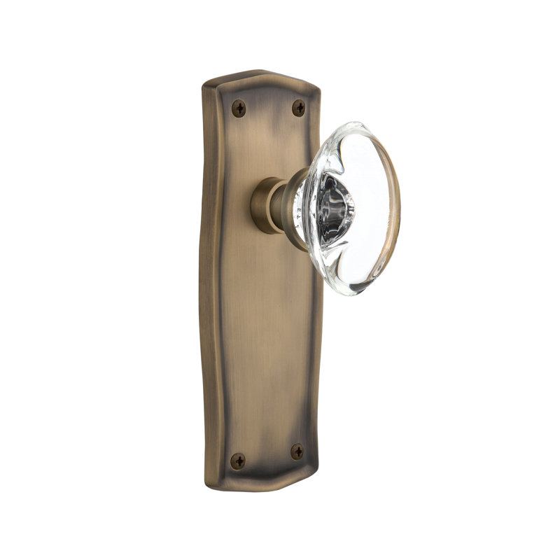 Prairie Plate with Oval Clear Crystal Door Knob, Antique Brass