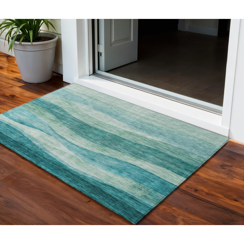 3' X 5' Teal Blue And Aqua Abstract Washable Indoor Outdoor Area Rug