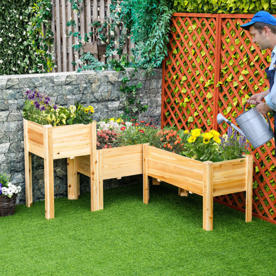 3 jardinières surélevées, jardinières surélevées en bois avec pieds et doublures. Jardinage de jardin. Cultivez des légumes, des herbes et des fleurs. Naturel. Respirant, contrôle. Bois. Configuration libre. Plante