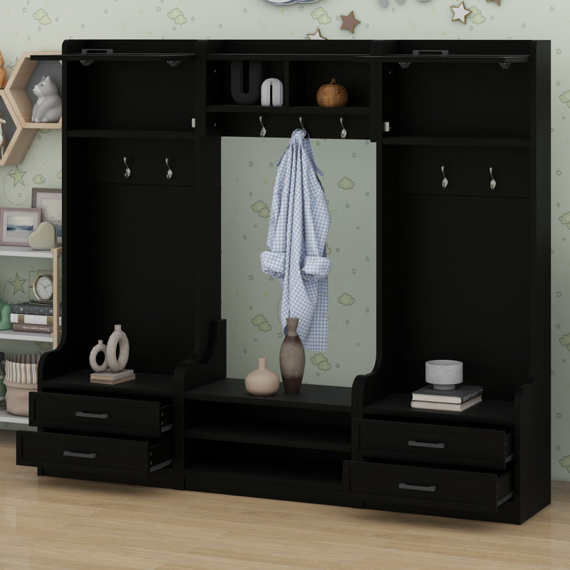 Detachable Hall Tree With Storage And Seven Hooks,  Hallway Coat Rack With Storage Drawers And Cabinet, Black