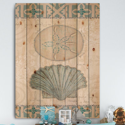 Seastar and Blue Sea Shell II - Nautical & Coastal Print on Natural Pine Wood -  East Urban Home, C86EE7F9070849BB8E4CC045EF2D5C32