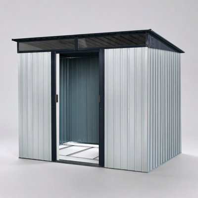 Remise de rangement extérieure en métal 8 pi x 6 pi avec portes coulissantes verrouillables et panneaux transparents pour le jardin et la pelouse, gris