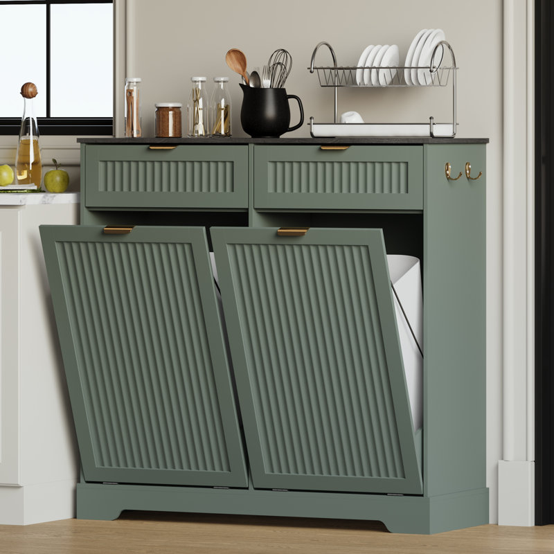 Armoire à poubelle double basculante de 13 gallons avec tiroirs et crochets, 2 x 13 gallons, Vert