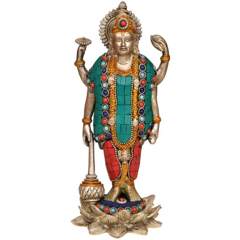 9" Lord Vishnu Brass Sculpture - Handcrafted Hindu Deity Four-Armed Preserver God Statue Religious Home Decor Art