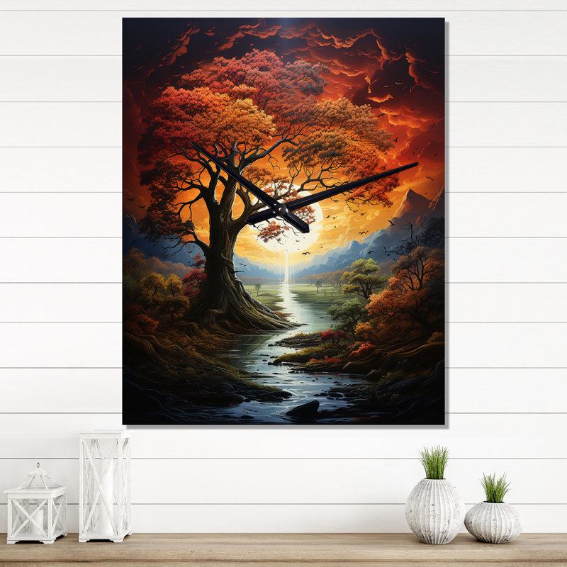 Horloge murale moderne arbre majestueux par Mythical River Sunset, Très grand