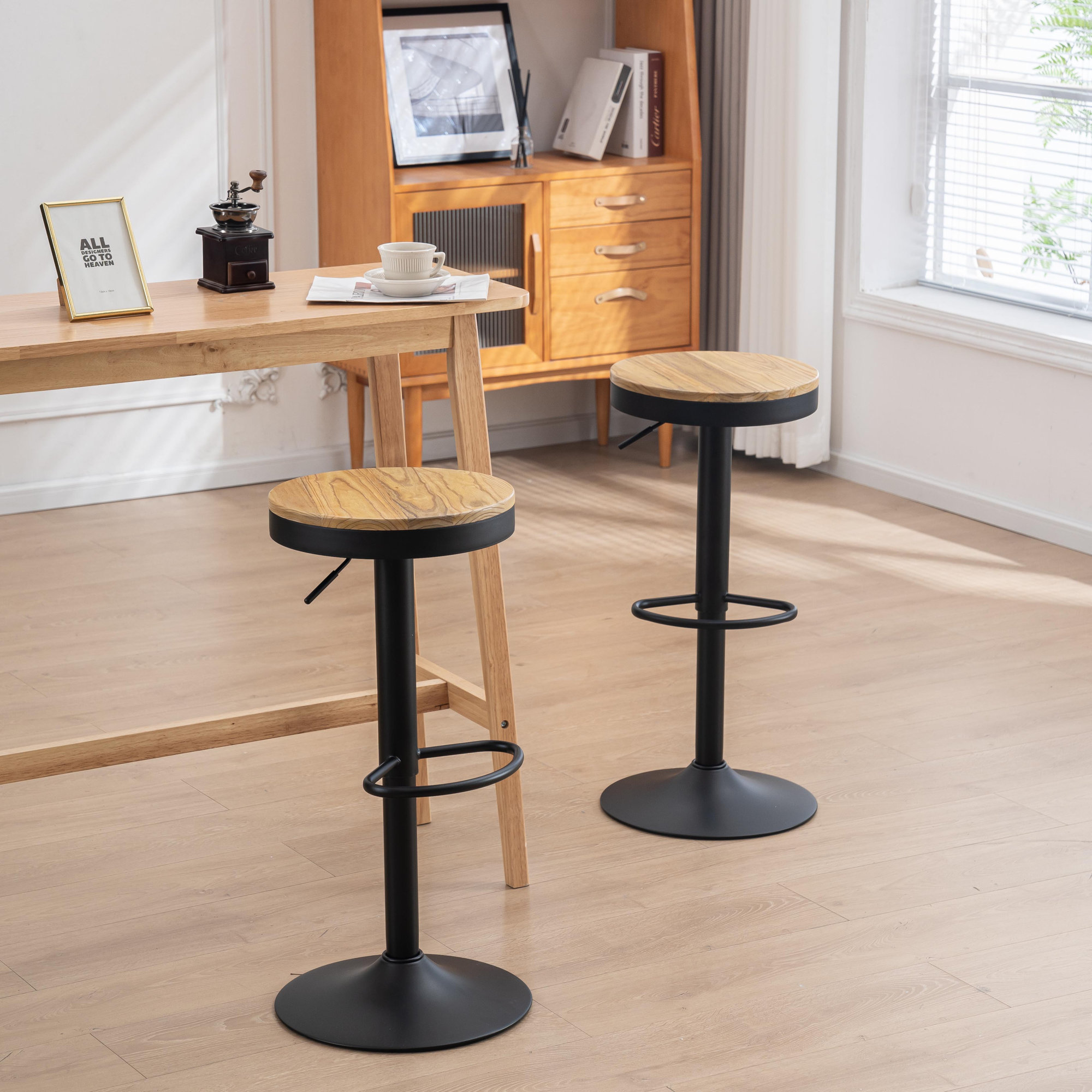 Jaina Swivel Solid Wood Adjustable Height Bar Stools, Counter Stools for Kitchen Island, Brown/Black, 2