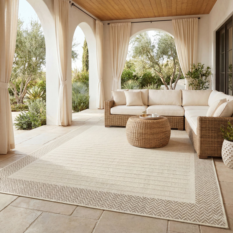 Tapis intérieur / extérieur beige / ivoire à rayures linéaires moderne Tavraj, Beige / ivoire