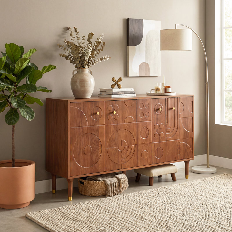 Armoire de rangement 59 po en noyer rétro avec panneaux de porte sculptés géométriques; un centre multimédia avec quatre compartiments de rangement, convenant à un téléviseur de 65 pouces, pour les salons et les chambres