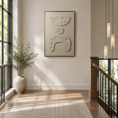 Art mural encadré pour le salon et le vestibule, relief dimensionnel géométrique ivoire avec cadre en bois massif de ton noyer, 24 po x 36 po