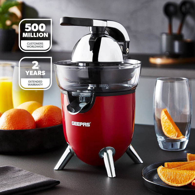 Geepas Retrovive Electric Citrus Juicer | Orange and Lemon Squeezer with 2 Citrus Press Cones | Electric Juice Extractor Quick Healthy Nutritious Juices | 100W Red