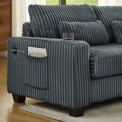 L-shaped Corduroy Modular Sectional Sofa with Detachable Footrest, Dual Side Armrests Built-in Storage Pockets and Cup Holders, Sturdy Plastic Support Feet for Living Room