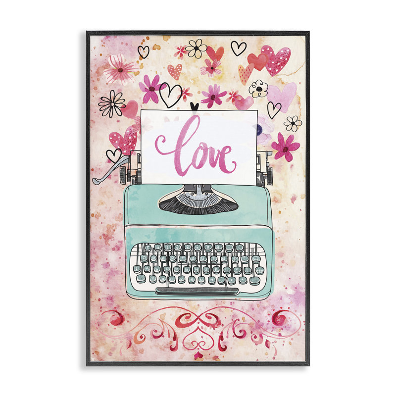 «Romantic Love Typewriter», estampe numérique par Nicole DeCamp, H 18 po x l 12 po, Giclée encadrée noir minuit